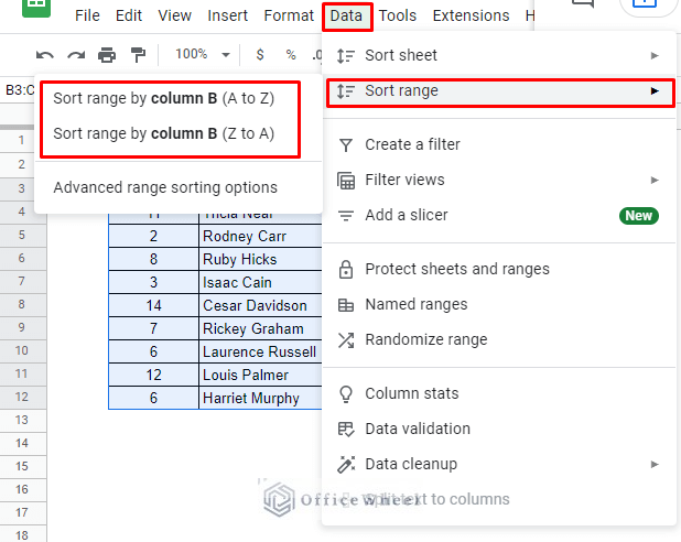 navigating to sort range from the data tab